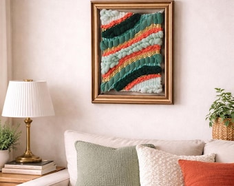 Handwoven Fiber Wall Art on Antique Frame – “Confetti Current” Textile Weaving