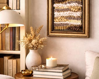 Handwoven Fiber Wall Art on Antique Frame – “Sweet + Simple” Textile Weaving