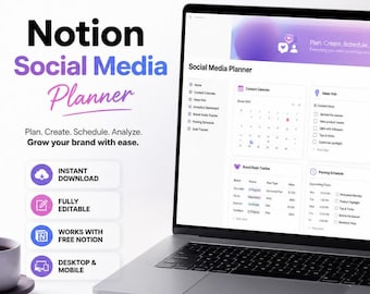 Peut inclure: Un modèle numérique Notion Social Media Planner affiché sur l'écran d'un ordinateur portable et d'un smartphone. L'interface comprend un calendrier de contenu, un centre d'idées, un tableau de bord analytique et un suivi des objectifs.