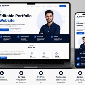 Peut inclure: Un ordinateur portable et un smartphone affichant un site web de portfolio professionnel pour Arun Dev. L'&eacute;cran pr&eacute;sente une section principale avec un portrait, le texte Editable Portfolio Website et des menus de navigation. Le design utilise un sch&eacute;ma de couleurs blanc et bleu fonc&eacute; avec des ic&ocirc;nes pour les services, l'exp&eacute;rience et les contacts.