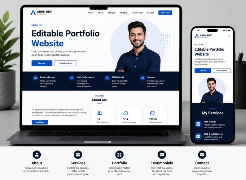 Peut inclure: Un ordinateur portable et un smartphone affichant un site web de portfolio professionnel pour Arun Dev. L'&eacute;cran pr&eacute;sente une section principale avec un portrait, le texte Editable Portfolio Website et des menus de navigation. Le design utilise un sch&eacute;ma de couleurs blanc et bleu fonc&eacute; avec des ic&ocirc;nes pour les services, l'exp&eacute;rience et les contacts.