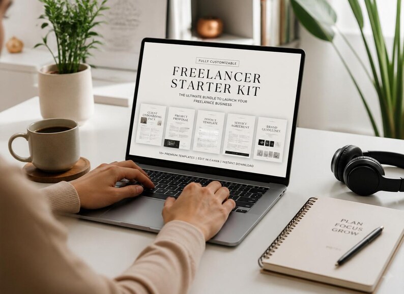 Peut inclure: Un &eacute;cran d'ordinateur portable affichant un kit de d&eacute;marrage pour freelance avec cinq mod&egrave;les de documents, dont un pack d'accueil client, une proposition de projet, une facture, un contrat de service et des directives de marque.