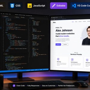 Peut inclure: Deux &eacute;crans d'ordinateur affichant un projet de d&eacute;veloppement web. L'&eacute;cran de gauche montre du code dans Visual Studio Code, tandis que l'&eacute;cran de droite affiche un site portfolio pour Alex Johnson. Un mug noir avec des symboles est pos&eacute;.