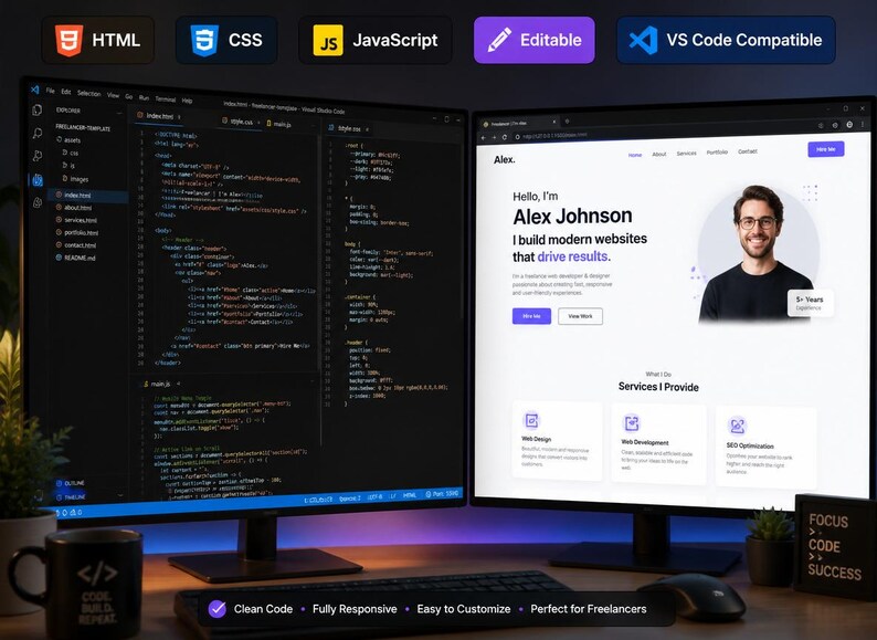 Peut inclure: Deux &eacute;crans d'ordinateur affichant un projet de d&eacute;veloppement web. L'&eacute;cran de gauche montre du code dans Visual Studio Code, tandis que l'&eacute;cran de droite affiche un site portfolio pour Alex Johnson. Un mug noir avec des symboles est pos&eacute;.