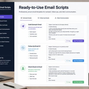 Peut inclure: Une interface num&eacute;rique intitul&eacute;e Ready-to-Use Email Scripts affichant des mod&egrave;les professionnels pour la prospection, les suivis et la communication client. La mise en page comprend un menu lat&eacute;ral sombre et trois exemples d'e-mails avec boutons.