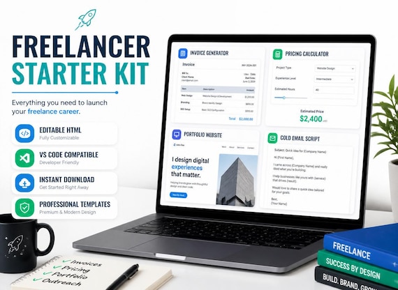 Freelancer Starter Kit | Editable HTML Templates for VS Code | Invoice, Pricing Calculator & Portfolio