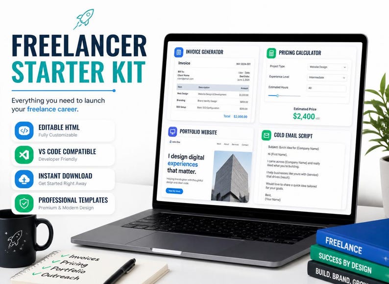 Freelancer Starter Kit | Editable HTML Templates for VS Code | Invoice, Pricing Calculator & Portfolio