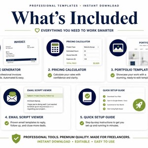 Peut inclure: Un ensemble de mod&egrave;les num&eacute;riques intitul&eacute; What's Included comprenant cinq outils professionnels : un g&eacute;n&eacute;rateur de factures, un calculateur de prix, un mod&egrave;le de portfolio, un visualiseur de scripts d'e-mail et un guide de configuration rapide.