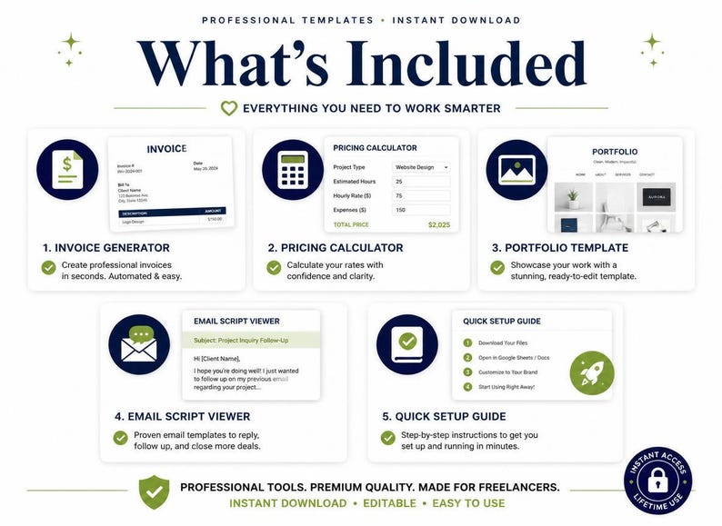 Peut inclure: Un ensemble de mod&egrave;les num&eacute;riques intitul&eacute; What's Included comprenant cinq outils professionnels : un g&eacute;n&eacute;rateur de factures, un calculateur de prix, un mod&egrave;le de portfolio, un visualiseur de scripts d'e-mail et un guide de configuration rapide.
