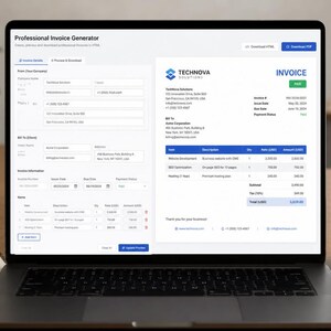 Peut inclure: Un &eacute;cran d'ordinateur portable affichant une interface web de g&eacute;n&eacute;rateur de factures professionnelles avec des champs pour les d&eacute;tails de l'entreprise, les informations client et la facturation. L'&eacute;cran montre un aper&ccedil;u d'une facture TechNova.