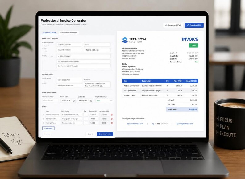 Peut inclure: Un &eacute;cran d'ordinateur portable affichant une interface web de g&eacute;n&eacute;rateur de factures professionnelles avec des champs pour les d&eacute;tails de l'entreprise, les informations client et la facturation. L'&eacute;cran montre un aper&ccedil;u d'une facture TechNova.