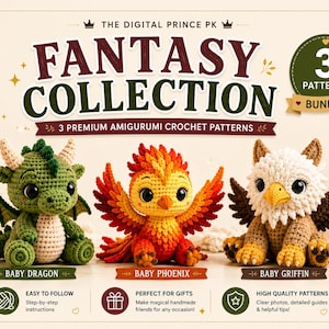 Pacote de padrões de crochê Amigurumi Fantasia | Dragãozinho, Fênix, Grifo (PDF)