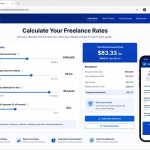 Peut inclure: Une interface num&eacute;rique de calcul de tarifs freelance affich&eacute;e sur un navigateur de bureau et un smartphone. L'&eacute;cran pr&eacute;sente des curseurs pour l'objectif de revenu annuel, les heures facturables et les d&eacute;penses, avec un taux recommand&eacute; de 83,33 $.