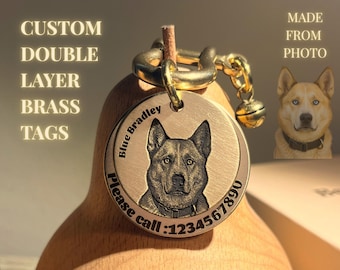 Double Layer Brass Dog Tag with Photo – Personalized Heavy Brass Pet ID Tag, Custom Dog Name Tag, Memorial or Everyday Wear