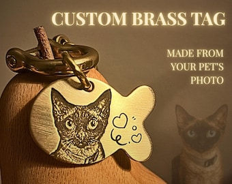 Brass Fish Shape Pet Tag • Custom Engraved ID Tag for Cats & Small Dogs • Solid Brass Name Tag • Fish Shape Collar Tag
