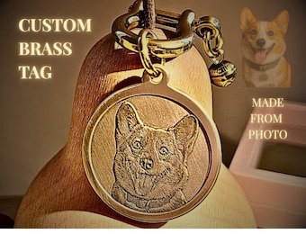 Custom Brass Pet Photo Tag • Double Sided Engraved Dog Portrait • Personalized Pet ID