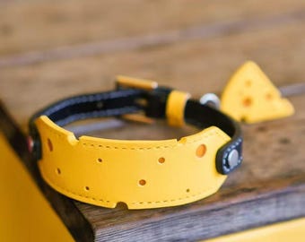 Unique Hand-Stitched Leather Dog Collar – Cheese Cutout Design, Charm Included - High-end Veg-Tan