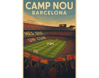 Camp Nou Vintage Travel Poster, FC Barcelona Wall Art, Més Que Un Club Stadium Print,  Soccer Gift,  Barcelona Decor