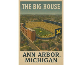Póster vintage de The Big House Ann Arbor, arte de pared del estadio de Michigan, decoración de fútbol americano universitario, regalo para el día del partido.