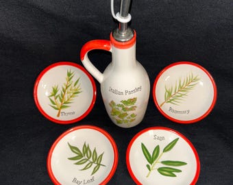 Botella dispensadora de aceite de cerámica de estilo italiano y cuencos para mojar a juego