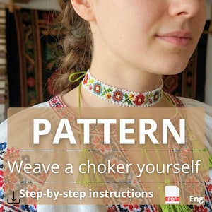 May include: A white beaded choker necklace featuring a colorful floral pattern in red, blue, yellow, and green. The choker is tied with thin green strings that have small tassels at the ends. The text PATTERN Weave a choker yourself is visible.