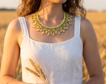 White Green Gold Ethnic Beaded Necklace Choker flower collar Seed Jewelry for Women beadwork gift her wedding bridal bridesmaid cuff charms