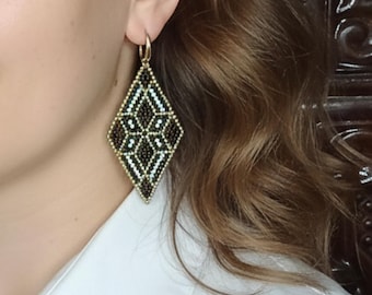 Beaded Earrings Black Gold Boho Dangle & Drop dainty glass geometric light quirky simple statement handwriting womens gift ukrainian pretty