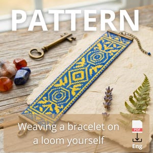 May include: A rectangular beaded bracelet featuring a geometric pattern in blue and yellow. The bracelet has metal end bars and a chain clasp. The text on the image reads PATTERN and Weaving a bracelet on a loom yourself with a PDF download icon.