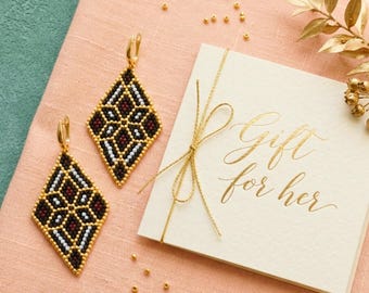 Bead Earrings Black Boho Cool Girl dainty dangle dangling dangly drop gold fantasy fun funky glass geometric holiday quirky simple statement