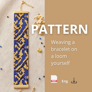 May include: A rectangular beaded bracelet featuring a blue and gold geometric pattern with gold-toned metal end bars and a chain extender. The text on the image reads: PATTERN Weaving a bracelet on a loom yourself. A PDF icon and download arrow are visible.