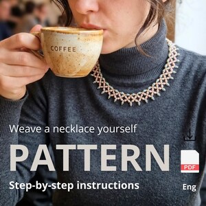 May include: A beaded necklace with pink and blue beads is worn over a gray turtleneck. The image includes text that says "Weave a necklace yourself" and "PATTERN" with "Step-by-step instructions". A PDF download icon is also present.