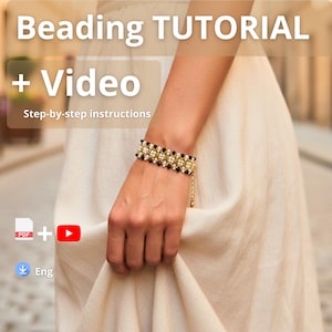 May include: A beaded bracelet featuring a repeating pattern of small white and black beads on a gold-tone chain. The image includes text that reads Beading TUTORIAL + Video, Step-by-step instructions, PDF, and Eng, indicating a digital guide.
