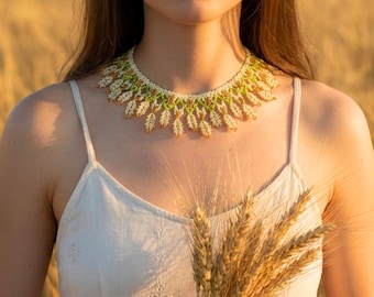 Ethnic Silyanka Ukrainian Folk Art Beaded Lace Choker Necklace white green gold flower collar Seed Bead Jewelry for Women beadwork gift her