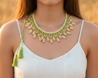 Ethnic Ukrainian Beaded Choker Necklace white green gold flower collar Seed Jewelry Women beadwork gift her Handmade birthday girl statement