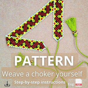 May include: A beaded choker featuring a geometric pattern in red, black, and yellow, bordered by white beads. The design includes long lime green strings with matching tassels at the ends. Text on the image reads PATTERN Weave a choker yourself.