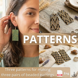 May include: Three pairs of rectangular beaded earrings featuring geometric patterns in black, gold, and teal. The set includes instructions for creating these designs, presented as a PDF document labeled with the text Patterns and Eng.