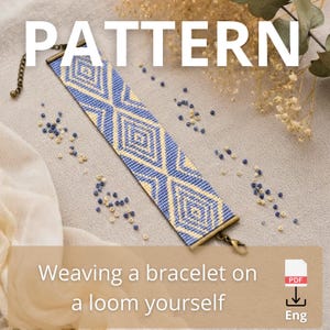 May include: A rectangular beaded bracelet featuring a geometric diamond pattern in light blue and cream colors. The bracelet has bronze-toned metal end bars with a lobster claw clasp and an extender chain, surrounded by loose blue and cream beads.