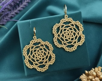 Gold Bead Earrings Flower Mandala Yoga Boho Round dainty dangle dangling dangly drop fantasy funky glass holiday quirky simple statement her