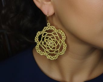 Gold Bead Earrings Flower Mandala Yoga Mothers day Gift Boho Round dainty dangle dangling dangly drop fantasy funky glass holiday milestone