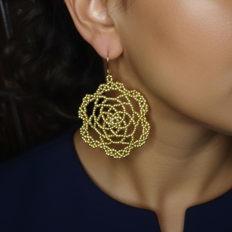 Gold Bead Earrings Flower Mandala Yoga Mothers day Gift Boho Round dainty dangle dangling dangly drop fantasy funky glass holiday milestone image 1
