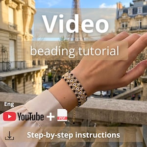 May include: A beaded bracelet with gold, black, and white beads is displayed. The image includes text that says "Video beading tutorial" and "Step-by-step instructions". The Eiffel Tower is visible in the background.