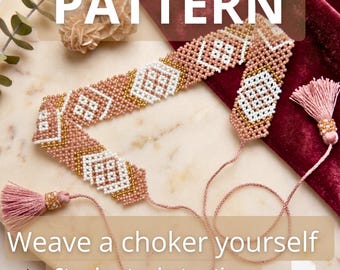 Bead Weaving Pattern Ukrainian Traditional Pretty Ethnic Necklace Step by Step Instructions for Beaded Jewelry Trendy Vintage Choker Hobby