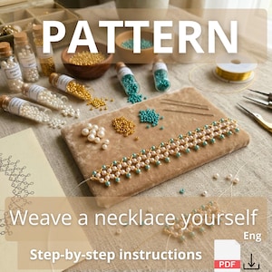 May include: A DIY jewelry project featuring a partially woven beaded necklace on a velvet pad, surrounded by glass vials of gold, white, and teal seed beads, needles, and a printed pattern sheet with the text PATTERN Weave a necklace yourself.