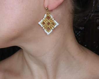 Earrings studs wedding bridal boho white cool crochet custom cute dainty dangle dangling dangly drop gold fall glass geometric quirky simple