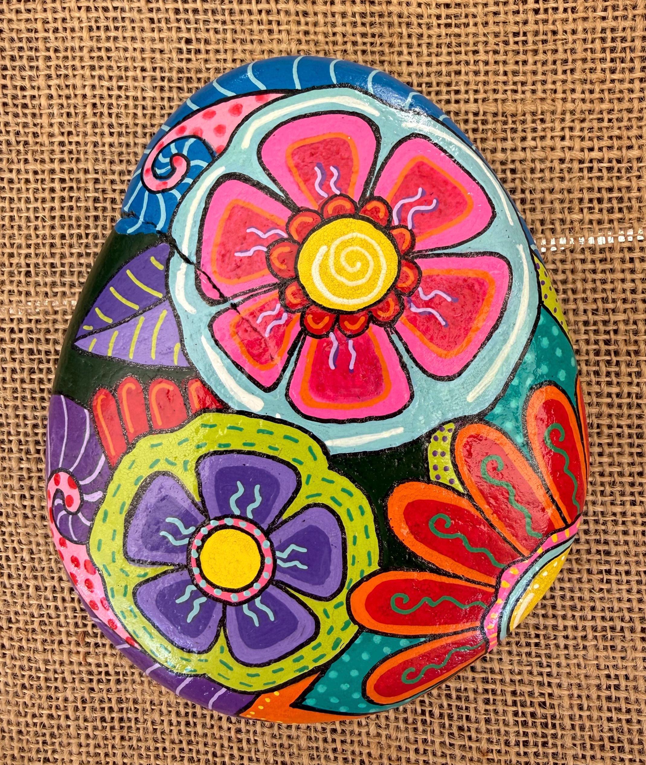 Painted Rocks Floral Patterns XL Hand-painted Floral Rock Art | Colorful Flower Stone | 5–6 Inch ...