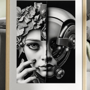 Puede incluir: Impresión artística enmarcada en blanco y negro. La obra de arte está dividida verticalmente, con el rostro de una mujer a la izquierda y un casco mecánico a la derecha. El rostro de la mujer está adornado con elementos florales. La impresión está en un marco de madera clara.