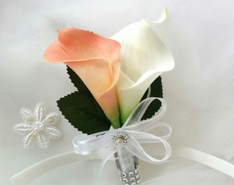 Wedding Natural Touch Coral and Ivory Calla Lily Corsage - Silk wedding Corsage