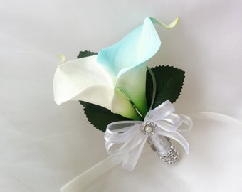 Wedding Natural Touch Aqua Aruba Blue Turquoise Calla Lily and Ivory Calla Lily Corsage - Silk wedding Corsage