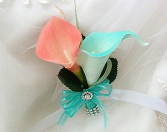 Wedding Natural Touch Coral and Turquoise Calla Lilies Corsage - Silk wedding Corsage
