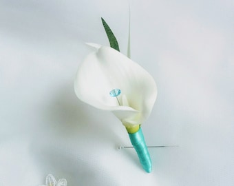 Wedding Natural Touch Ivory Calla Lily with Turquoise Aqua Teal Gem Silk Boutonniere